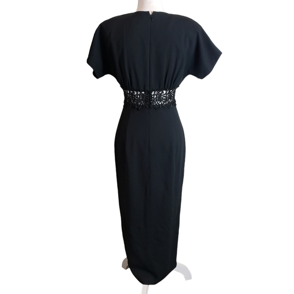 Vintage Black Maxi Dress Size 6 Embroidered Sheer Cut-Out Waist Front Slit 80s - Picture 4 of 16